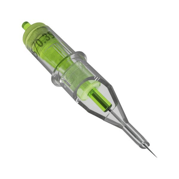 Stellar 2.0 1 Round Liner cartridge close-up of the long taper needle tip